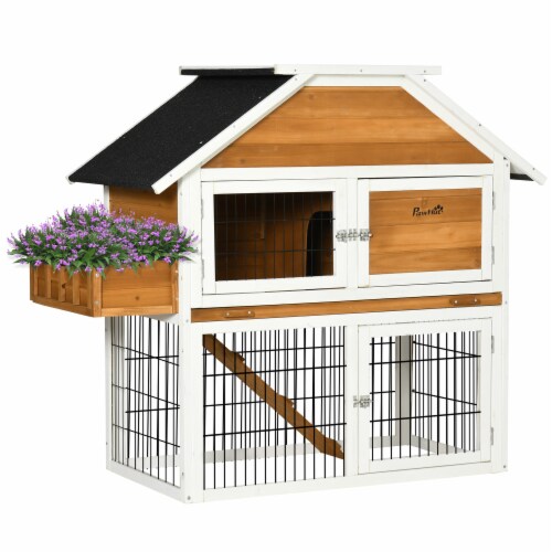 Outdoor Rabbit Hutch with Flower Bed, Shady Waterproof Wooden Rabbit ...