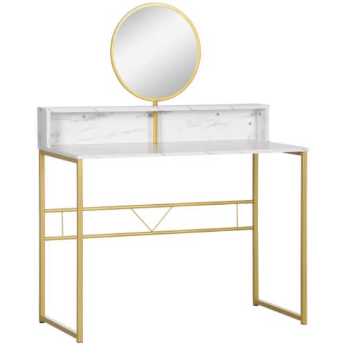 Elegant Marble Makeup Vanity Table W Open Storage Round Mirror
