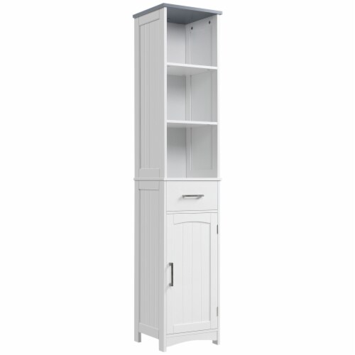 Tall Bathroom Storage Cabinet, Freestanding Linen Tower Slim Organizer, White Perspective: front