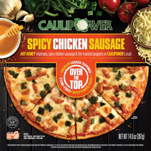 Over The Top Spicy Chicken Sausage Frozen Pizza Perspective: front