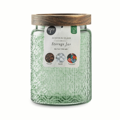 Core Kitchen Acacia & Glass Storage Jar - Misty Marsh Perspective: front
