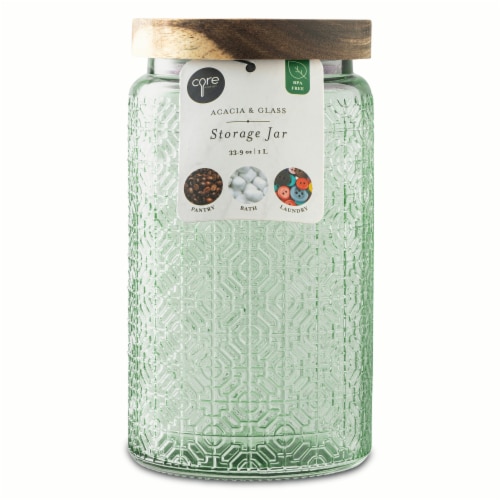 Core Kitchen Acacia & Glass Storage Jar - Misty Marsh Perspective: front