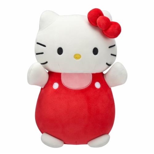 Squishmallows HugMees 10 Inch Hello Kitty Red and Pink Overalls Plush Toy Perspective: front