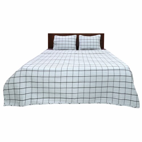 Windowpane Grey And Black Cotton Queen Coverlet Set Perspective: front