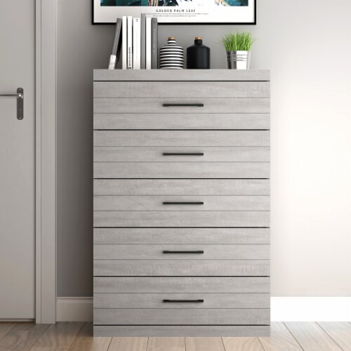 Hamsper 5-Drawer Dusty Gray Oak Chest of Drawers (46.4 in. × 16.1 in. × 30.7 in.) Perspective: front