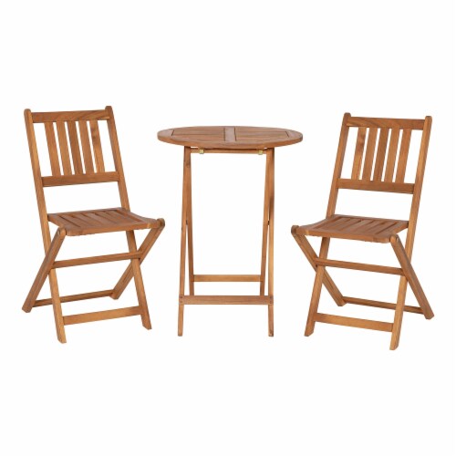 Martindale 3 Piece Folding Patio Bistro Set, Indoor/Outdoor Acacia Round Wood Table and 2 Perspective: front