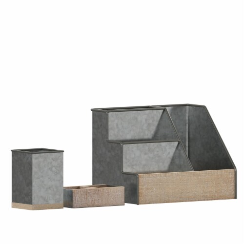 Comerford 3 Piece Galvanized Finish Metal and Rustic Wood Organizer Set For Desktop, Count Perspective: front