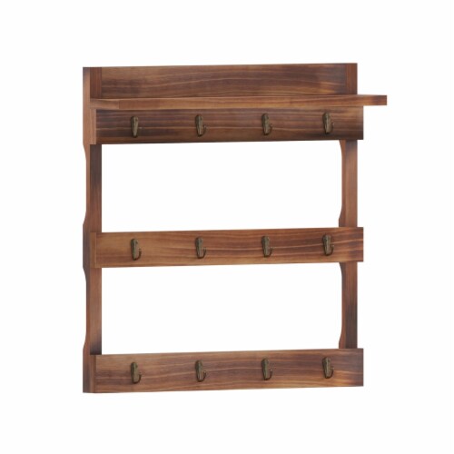 Campbell Wooden Wall Mount 12 Cup Mug Rack Organizer with Upper Storage Shelf and Metal Ha Perspective: front