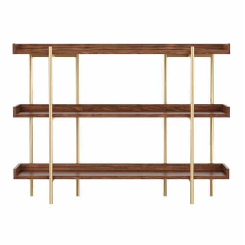 Martha Stewart Display Bookcase with Vertical Steel Posts - Walnut Wood Grain/Polished Brass Perspective: front