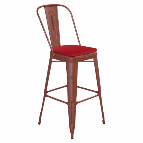 30 Inch Metal Bar Stool Curved Open Back Sleek Wood Seat Maroon