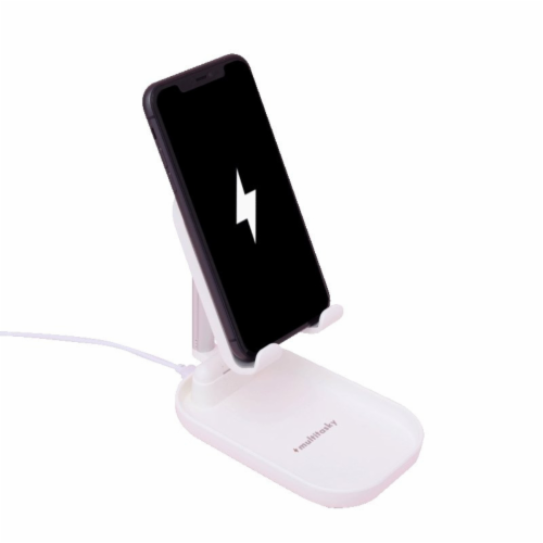 Deluxe Foldable Cell Phone Charger Stand & iPad Holder - White Perspective: front
