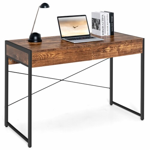 Costway Computer Desk Metal Frame Study Table Home Office Workstation w 2 Drawers Rustic 44 Mariano s