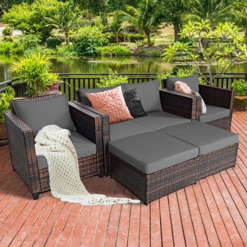 Costway 5PCS Patio Rattan Furniture Set Loveseat Sofa Ottoman Cushioned Gray 5PCS Pick n Save