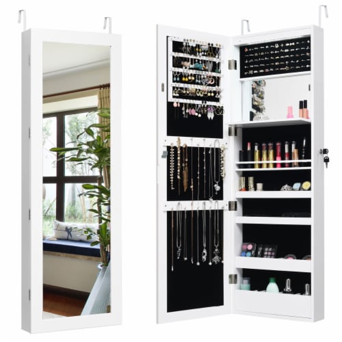 Costway Wall Door Mounted Mirror Jewelry Cabinet Organizer LED Lights White 14.5 Lx3.3 Wx53.5 H QFC
