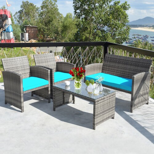 Costway 4PCS Patio Rattan Furniture Set Conversation Glass Table Top Cushioned Sofa Outdoor T 4pcs King Soopers