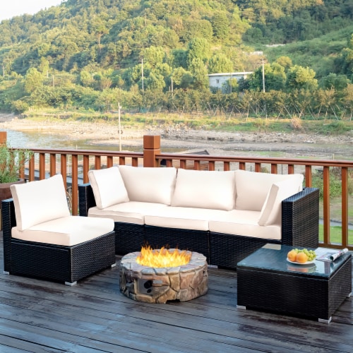 Costway 5PCS Patio Rattan Furniture Set Cushioned Sofa Chair Coffee Table White 5PC Mariano s