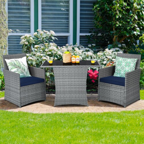 Costway 3PCS Patio Rattan Furniture Set Cushioned Sofa Armrest Garden Navy 3PCS Mariano s