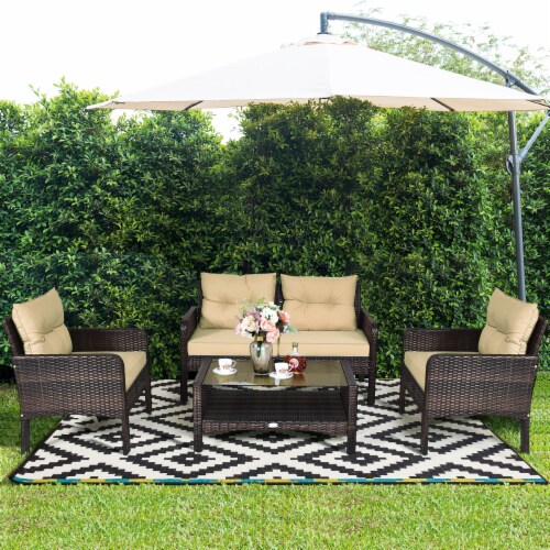 Costway 4PCS Patio Rattan Furniture Set Loveseat Sofa Coffee Table Garden with Cushion 4 PCS Smith s Food and Drug