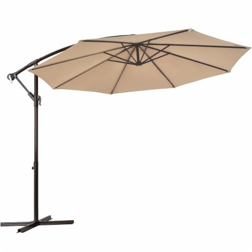 Costway 10' Hanging Umbrella Patio Sun Shade Offset Outdoor Market W/t Cross Base Beige Perspective: front