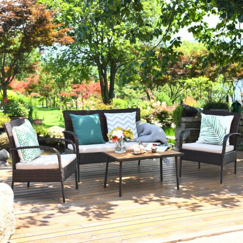 Costway 4PCS Patio Rattan Furniture Set Outdoor Conversation Set Coffee Table w Cushions 4PCS Foods Co