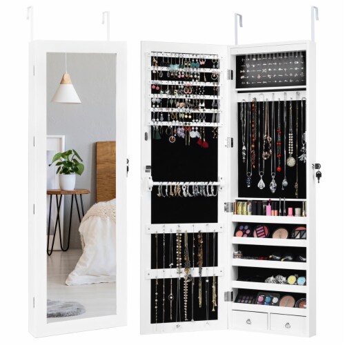 Costway Wall Door Mounted Mirror Jewelry Cabinet Organizer w LED Light 14.5 W 3.5 D 56.5 H City Market