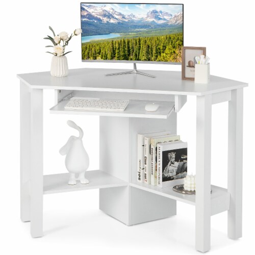 Costway Wooden Corner Desk With Drawer Computer PC Table Study Office Room White Perspective: front