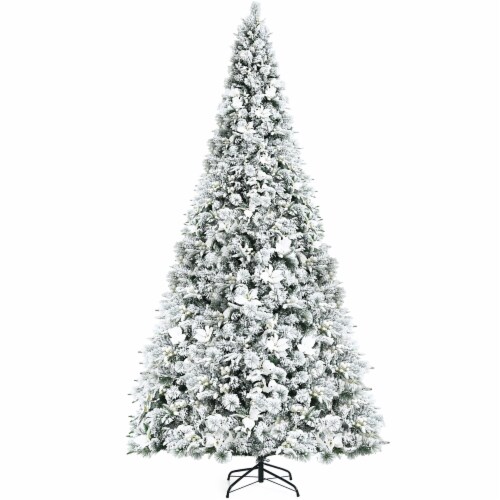 Costway 8ft Snow Flocked Hinged Christmas Tree w/ Berries & Poinsettia Flowers Perspective: front
