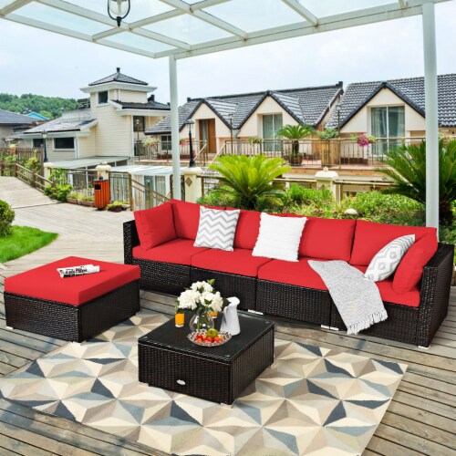 6PCS Outdoor Patio Rattan Furniture Set Cushioned Sectional Sofa Red 6 PCS Mariano s