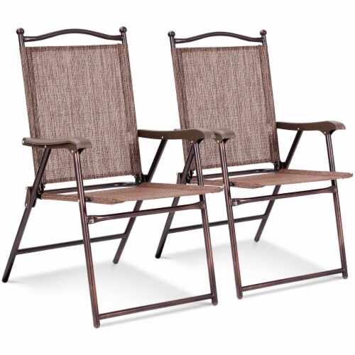 Costway Set of 2 Patio Folding Sling Back Chairs Camping Deck Garden Beach Brown 2 PCS QFC
