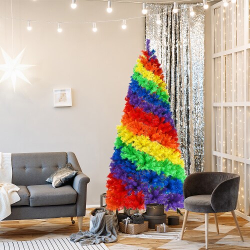 Costway 7FT Artificial Hinged Colorful Rainbow Full Fir Christmas Tree with 1213 Tips Perspective: front