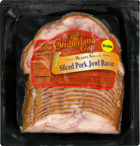 Cumberland Gap Sliced Pork Jowl Bacon Skinless & Hickory Smoked Perspective: front