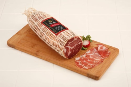 Boar's Head Capocollo Hot in Net Fresh Sliced Deli Meat Perspective: front