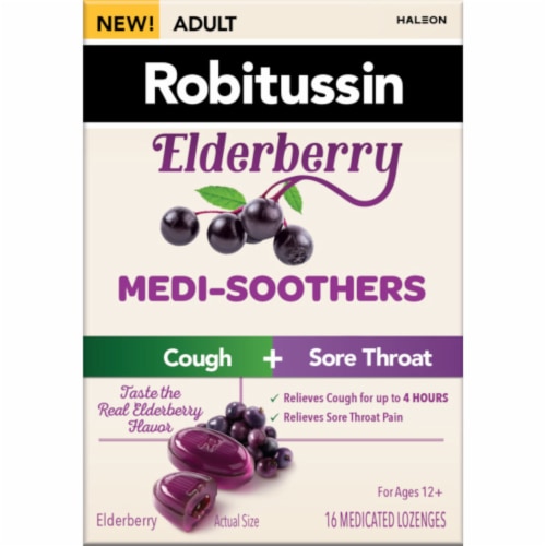 Robitussin Elderberry Cough + Sore Throat Medi-Soothers Perspective: front