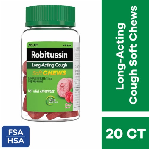 Robitussin Soft Chews, Long-Acting Cough Relief, Dextromethorphan, Berry Flavor Chewable Tablets Perspective: front