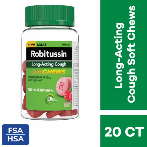 Robitussin Soft Chews, Long-Acting Cough Relief, Adult Formula, Berry Flavor Perspective: front