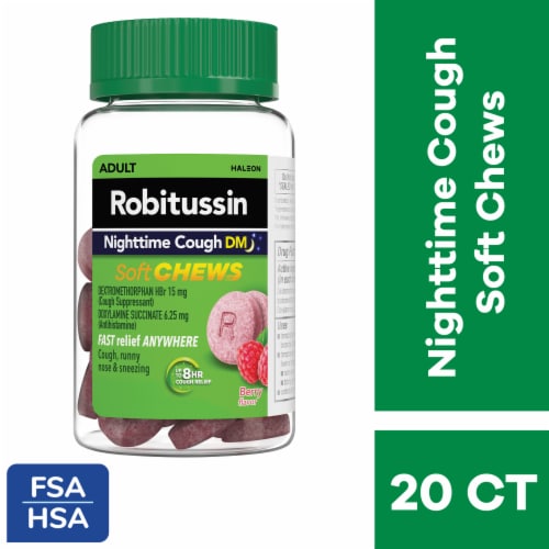 Robitussin Soft Chews, DM Nighttime Cough Relief, Dextromethorphan, Berry Flavor Chewable Tablets Perspective: front
