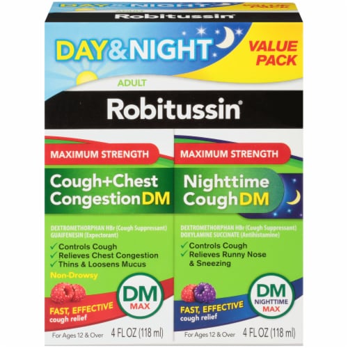 Robitussin® Maximum Strength Cough & Chest Congestion Day & Night Adult Cold Medicine Perspective: front