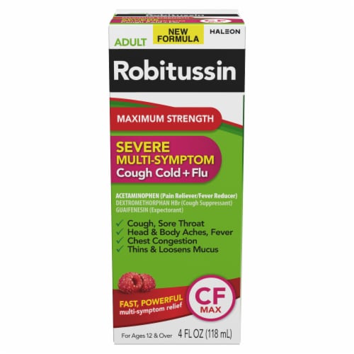 Robitussin CF Max, Severe Cough, Cold and Flu Relief, Dextromethorphan, Raspberry Mint Flavor Syrup Perspective: front