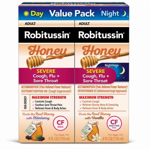 Robitussin Honey Severe Cough Flu & Sore Throat Day & Night Liquid Medicine Perspective: front