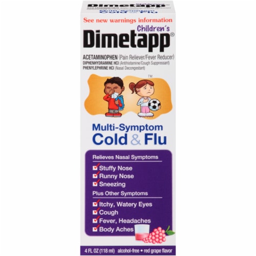 Dimetapp Children's Multi-Symptom Red Grape Flavor Cold & Flu Liquid Medicine Perspective: front