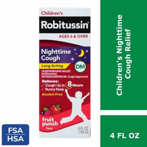 Robitussin Children's DM Fruit Punch Flavor Nighttime Cough Relief Liquid Perspective: front