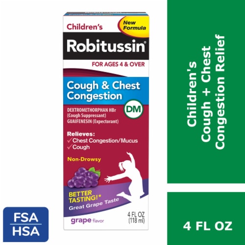 Children's Robitussin DM, Cough and Chest Congestion Relief, Dextromethorphan, Grape Flavor Syrup Perspective: front