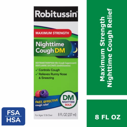 Robitussin DM Max, Nighttime Cough Relief, Dextromethorphan, Berry Flavor Syrup Perspective: front