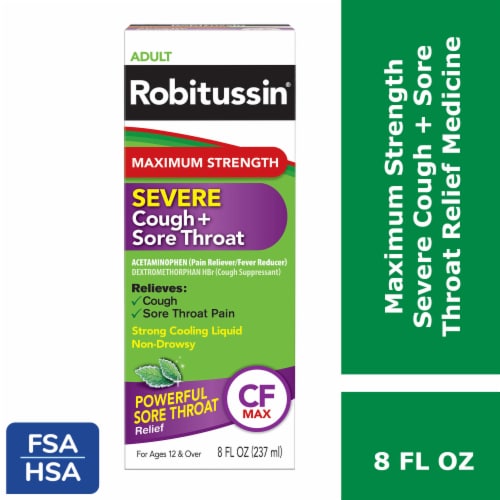 Robitussin Adult Maximum Strength Severe Cough + Sore Throat Relief Cough Suppressant Medicine Perspective: front