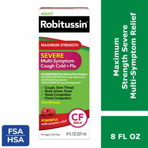 Robitussin Maximum Strength Multi-Symptom Cold Relief Dextromethorphan Liquid Perspective: front