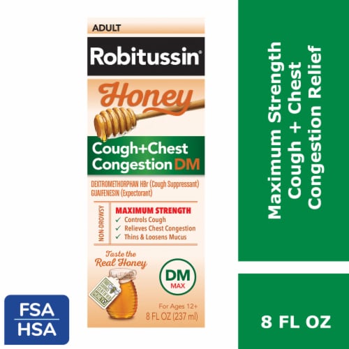 Robitussin DM Max, Cough plus Chest Congestion Relief, Dextromethorphan, Real Honey Flavor Syrup Perspective: front