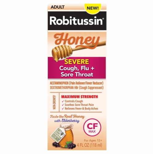 Robitussin® Adult Honey Non-Drowsy Cough Flu + Sore Throat Medicine Perspective: front