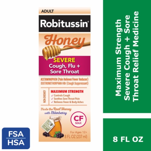 Robitussin Honey Severe Cough & Sore Throat & Flu Max Day Syrup Perspective: front
