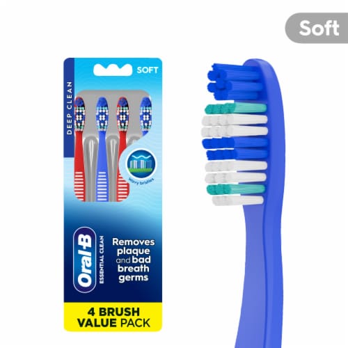 Oral-B Essential Clean Toothbrushes, Removes Plaque, Soft, 4 Count Perspective: front