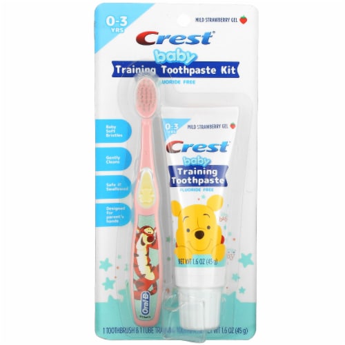 Crest Training Toothpaste Disney Kit Fluoride Free Mild Strawberry Gel Paste + Toothbrush Perspective: front